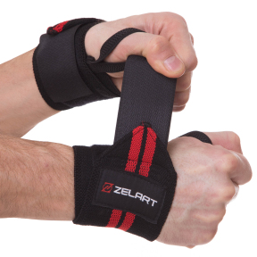 Бинты кистевые для жима STRENGTH WRIST WRAPS Zelart SB-167070 2шт черный-красный