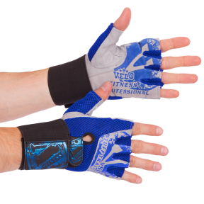 Перчатки для фитнеса и тяжелой атлетики кожаные VELO VL-3223 S-XL синий-серый