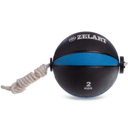 М'яч медичний Tornado Ball Zelart на мотузці FI-5709-2 2кг чорний-блакитний
