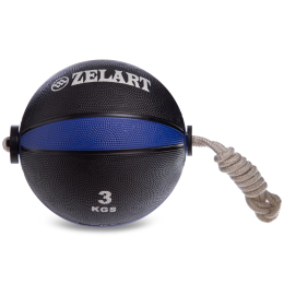М'яч медичний Tornado Ball Zelart на мотузці FI-5709-3 3кг чорний-синій