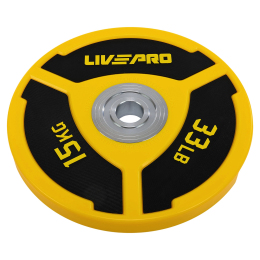 Бамперні диски поліуретанові Bumper Plates LiveUp LP8027-15 ø50.5мм 15кг жовтий-чорний