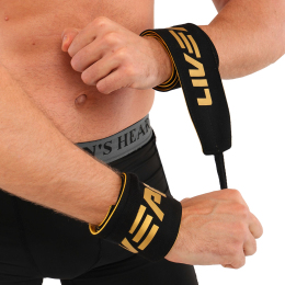 Ремни для тяги кистевые с усилением хвата для штанги и тренажеров POWER STRAP LiveUp LP8775 2шт черный-золотой